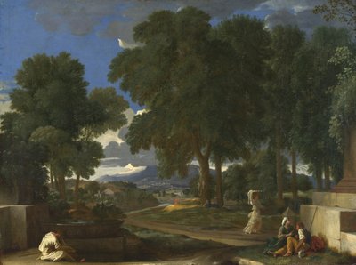 Landschap met een man die zijn voeten wast bij een fontein door Nicolas Poussin